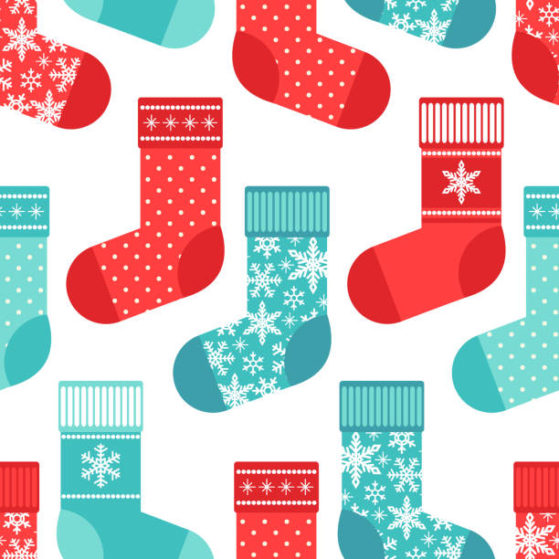 Cute winter seamless pattern with socks in traditional colors Cute seamless pattern with winter accessoires as socks in traditional colors for your decoration christmas stocking stock illustrations