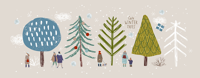 cute winter trees, vector isolated illustration of trees, leaves, fir trees, shrubs,  snow, people and clouds, New Year and Christmas objects and elements of nature to create a landscape
