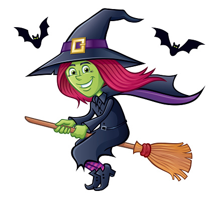 Cute Witch Flying On Her Broomstick