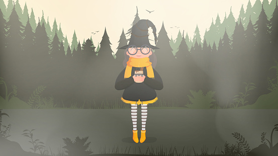 A cute witch with mulled wine is standing in the forest. Girl in black suit and hat holding a cup with hot drink. Halloween concept. Vector.