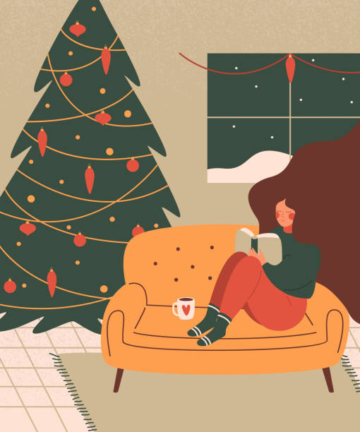 stockillustraties, clipart, cartoons en iconen met een schattige vrouw ontspant met een boek in een gezellige woonkamer ingericht voor kerst vakantie - vrouw kerstboom versieren