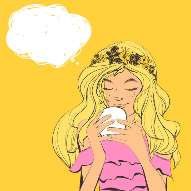 Cute woman with freckles and flowers diadem on beautiful hair drinking tea. Vector illustration with bubble for text. Vector beautiful young woman with freckles and flowers diadem on curly hair drinking tea or coffee. Hand drawn illustration with bubble for text. curley cup stock illustrations