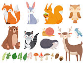 Cute woodland animals. Wild animal, forest flora and fauna elements. Fox, deer and hedgehog character or mushroom and leaves. Isolated cartoon vector illustration icons set