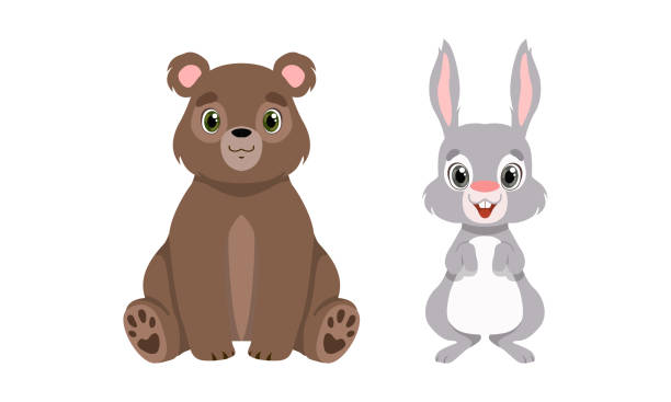 Cute Woodland Animals with Hare and Bear Vector Set Cute Woodland Animals with Hare and Bear Vector Set. Wild Forest Fauna and Habitant Concept brown bear stock illustrations