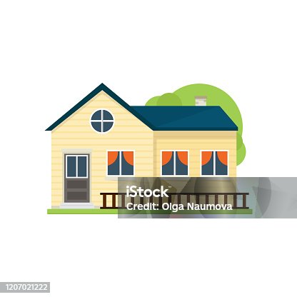 istock Cute yellow american house with wood fence near grass 1207021222