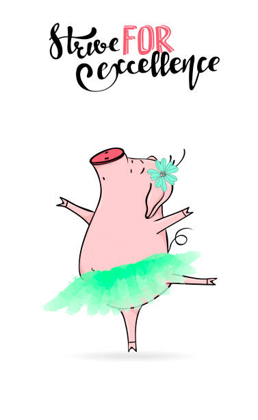 Cute young piggy ballerina dancing in flower tutu skirt. "Strive for excellence" handwritten inscriptions. Cute young piggy ballerina dancing in flower tutu skirt. "Strive for excellence" handwritten inscriptions. Vector illustration tree frog drawing stock illustrations