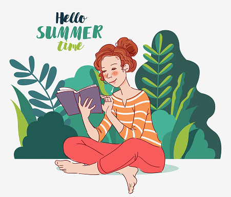Cute young woman reading a book in the garden. Nature landscape background. Summer holidays illustration. Vacation time