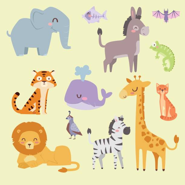 cute zoo cartoon tiere isoliert lustige tierwelt niedliche sprache lernen und tropische natur safari säugetier dschungel groß zeichen vektor-illustration - großwild stock-grafiken, -clipart, -cartoons und -symbole