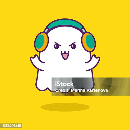istock Cutie friendly ghost listening music by earphones isolated on yellow background 1356208618