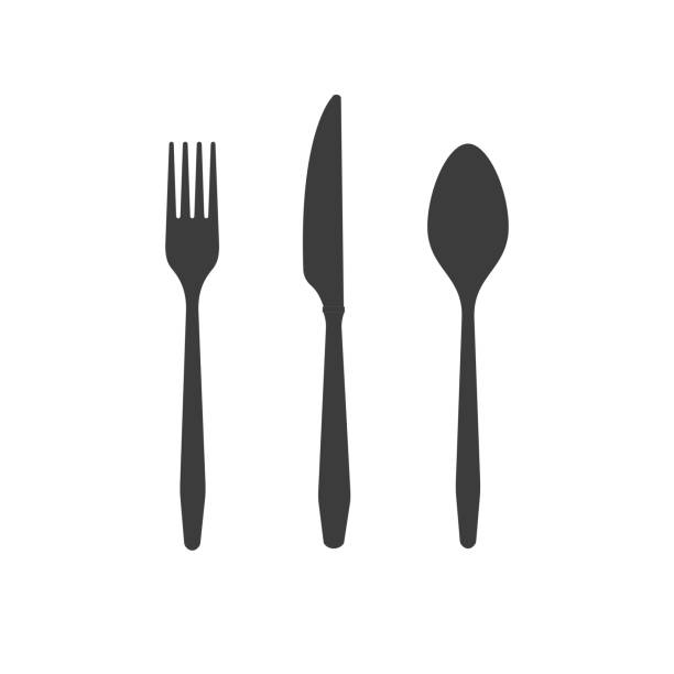 ilustraciones, imágenes clip art, dibujos animados e iconos de stock de cuchillería siluetas negras cuchillos tenedores cucharas aisladas sobre fondo blanco - knife