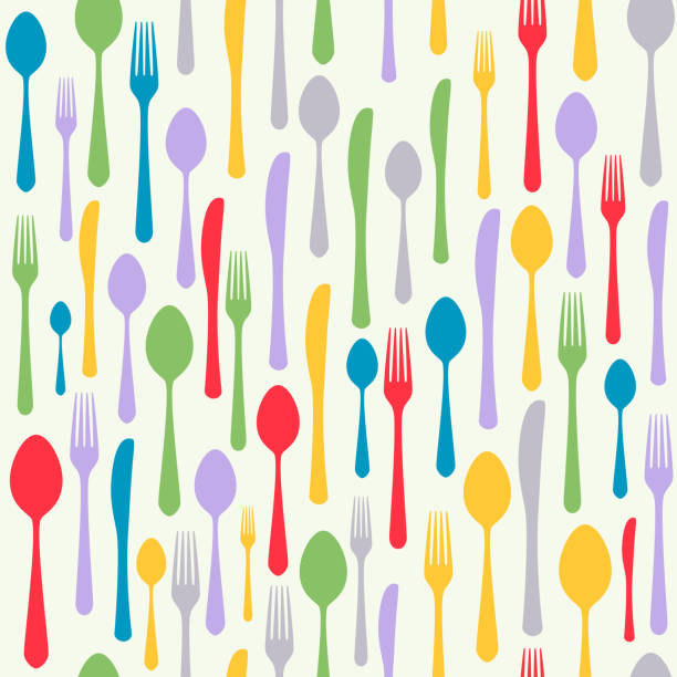 Cutlery icon seamless pattern. Cutlery icon seamless pattern. Fork, knife, spoon silhouettes and contours in different sizes and colors. texture for menu. Vector illustration in flat style. food backgrounds stock illustrations