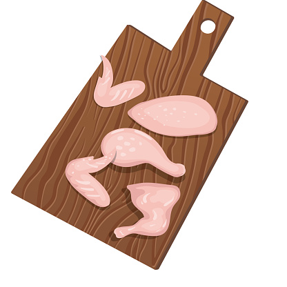 Chicken Pieces on a wooden cutting board. vector