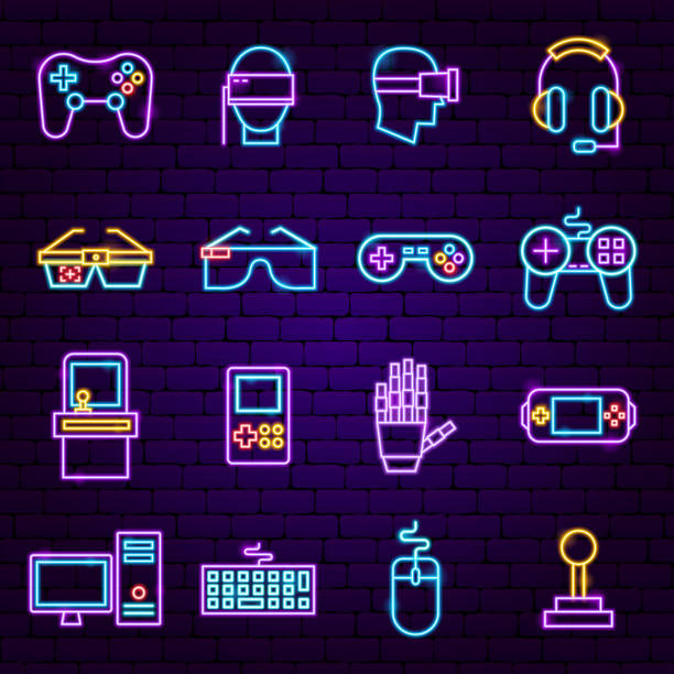 stockillustraties, clipart, cartoons en iconen met cyber game neon iconen - gaming