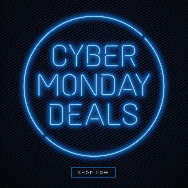 Cyber Monday banner in fashionable neon style, luminous signboard, nightly advertising advertisement of sales rebates of cyber Monday.  cyber monday stock illustrations