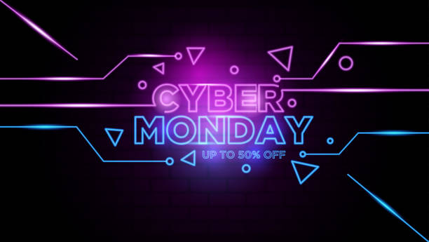 ilustraciones, imágenes clip art, dibujos animados e iconos de stock de cyber monday neon signo background vector - cyber monday
