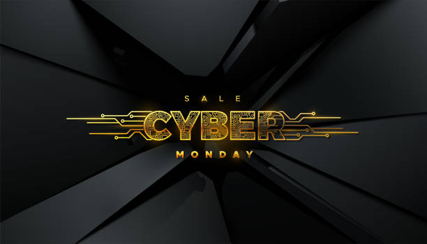 Cyber Monday Sale event. Cyber Monday Sale event. Online retail promotional sign. Vector technology illustration. Futuristic design. Golden label with circuit board texture on black fractured background. E-commerce concept cyber monday stock illustrations