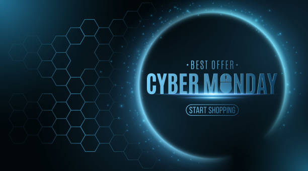 Cyber monday sale .Futuristic glowing banner with hexagon cyber pattern. Business event. Flying abstract lights. Trendy hi-tech design. Vector illustration Cyber monday sale .Futuristic glowing banner with hexagon cyber pattern. Business event. Flying abstract lights. Trendy hi-tech design. Vector illustration. EPS 10 cyber monday stock illustrations