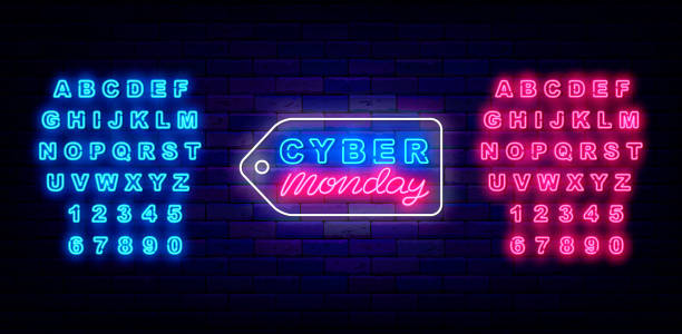 cyber monday sale neon label. luminous emblem for shop. blue and pink alphabet. isolated vector illustration - blue monday 幅插畫檔、美工圖案、卡通及圖標