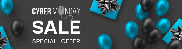 Cyber Monday sale poster or banner. Cyber Monday sale poster or banner for seasonal discounts. Gift box with realistic bow and glossy blue and black balloons on code background. Sale concept. Vector illustration. cyber monday stock illustrations
