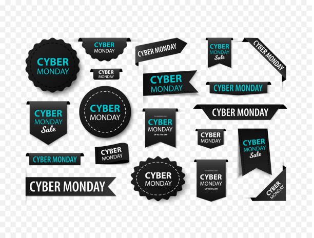 Cyber monday sale tags, vector black labels isolated on white background. Cyber monday 3d ribbon banners.  cyber monday stock illustrations