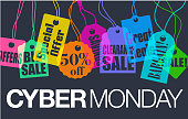 Colourful overlapping silhouettes of labels for Cyber Monday Sales