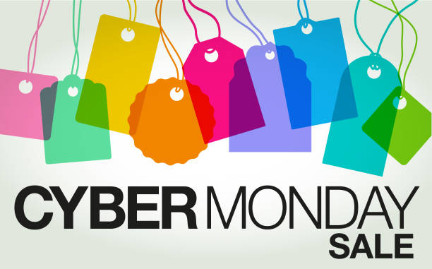 Cyber Monday Sales Colourful overlapping silhouettes of labels for Cyber Monday Sales store silhouettes stock illustrations