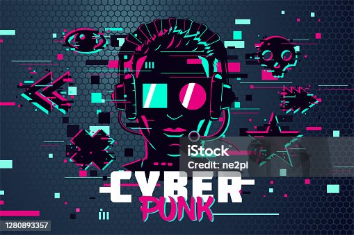 istock Cyber punk man. Boy gamer portrait. Video games background, glitch style. Male online user avatar. Vector illustration. 1280893357