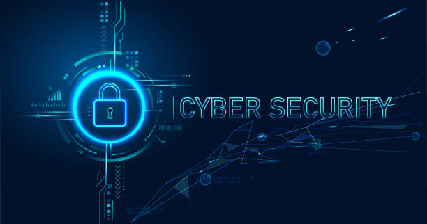 網路安全概念設計,用於個人隱私、數據保護和數據安全。掛鎖與鑰匙孔圖示在藍色背景。 - cyber security 幅插畫檔、美工圖案、卡通及圖標