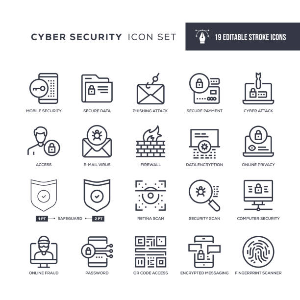 Cyber Security Editable Stroke Line Icons vector art illustration