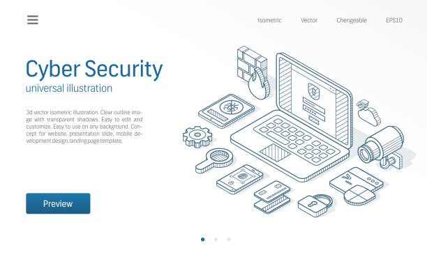 Cyber security modern isometric line illustration. Abstract 3d vector background. Online data protect service, access control, web lock concept. Cyber security modern isometric line illustration. Internet safety sketch drawn icon. Abstract 3d vector background. Online data protect service, access control web lock concept. Landing page template security drawings stock illustrations