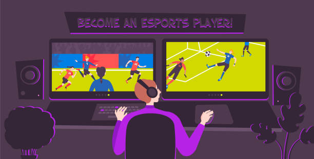 illustrazioni stock, clip art, cartoni animati e icone di tendenza di composizione del calcio sportivo informatico - joystick soccer