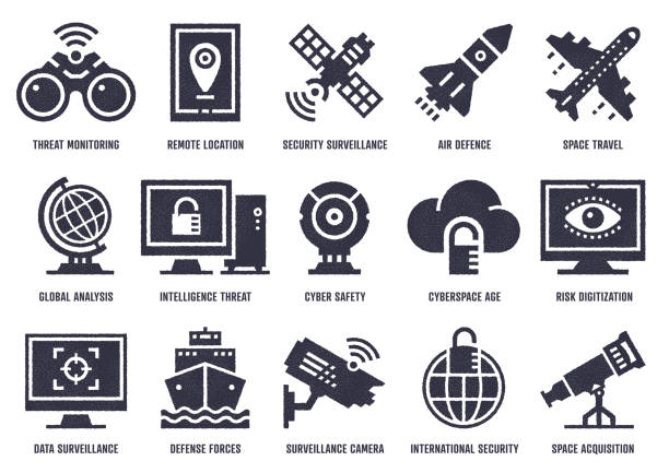 Cyber Warfare Vector Icon Pack With Stipple Texture Effect Vector icon set with stipple texture effect created by the influence of cyber warfare. High-quality graphic design illustrations for print designs, website symbols, apps, social media icons, and infographics. defending activity stock illustrations