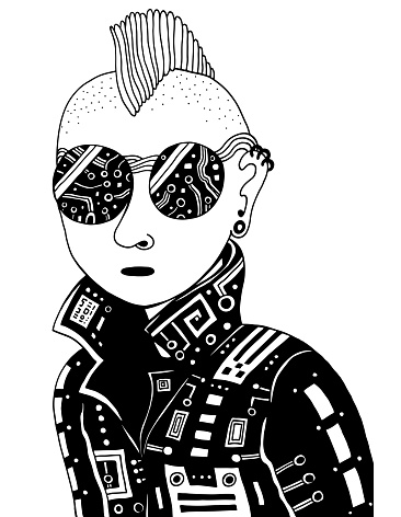 Cyberpunk boy in dark vr glasses. Cybergoth illustration. Black and white punk man. Retrowave and vaporwave style. Vector artwork