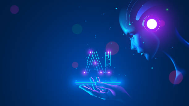 Cyborg woman look at logo AI hanging over phone. Abbreviation AI consists pcb elements. Artificial intelligence with beautiful face in blue virtual cyberspace leaning towards at screen smartphone. Cyborg woman look at logo AI hanging over phone. Abbreviation AI consists pcb elements. Artificial intelligence with beautiful face in blue virtual cyberspace leaning towards at screen smartphone. artificial intelligence stock illustrations