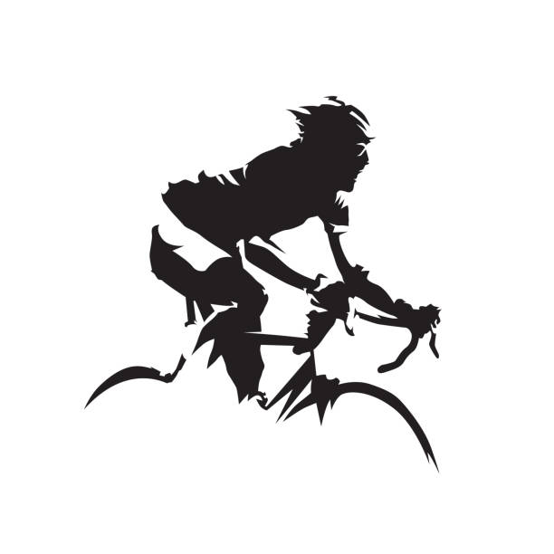 Cycling, road cyclist side view. Isolated vector silhouette. Biking logo Cycling, road cyclist side view. Isolated vector silhouette. Biking logo road silhouettes stock illustrations