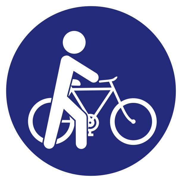 Cyclist, go next to the bike, vector road sign Cyclist, Get Off The Bike, go next to the bike, vector road sign, blue circle frame. cycling borders stock illustrations