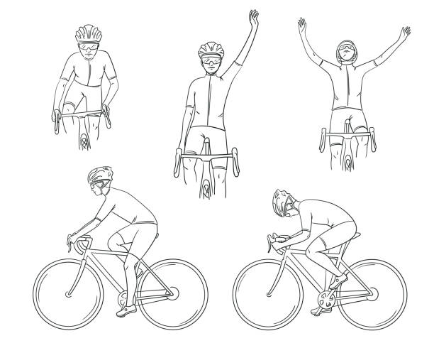 ilustraciones, imágenes clip art, dibujos animados e iconos de stock de ciclista en acción en forma de garabato dibujado a mano. dibujando motociclista en una carrera de bicicletas desde un lado, delante. competición, victoria en deportes. colección de ilustración vectorial aislada en blanco - peloton