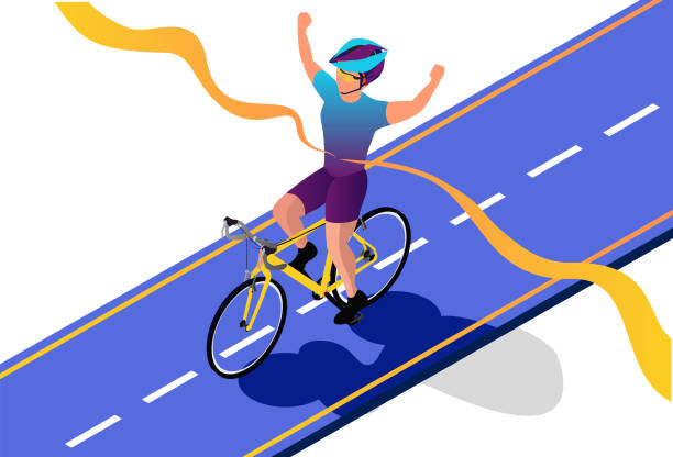 Cyclist on a white background during a race.  The winner tears the finishing tape. Isometric 3d Cyclist on a white background during a race.  The winner tears the finishing tape. Isometric 3d cycling borders stock illustrations