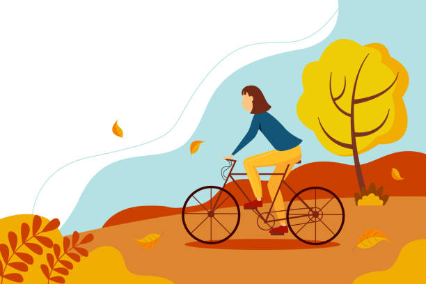 illustrazioni stock, clip art, cartoni animati e icone di tendenza di ciclista-un atleta su una bicicletta. ragazza in un maglione in sella a una bicicletta nel parco. grazioso paesaggio autunnale con alberi e foglie. - autunno energia