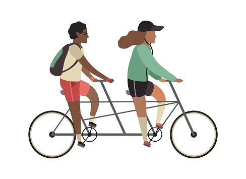 Cyclists concept. People ride tandem bike. Outdoor activities in park, couple healthy lifestyle, man and woman riding twin bicycle . Flat vector cartoon illustration