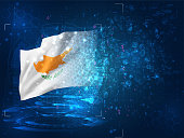 Cyprus, vector 3d flag on blue background with hud interfaces