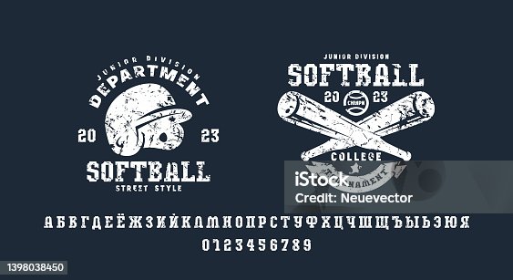 istock Cyrillic serif font in sport style and baseball emblem 1398038450