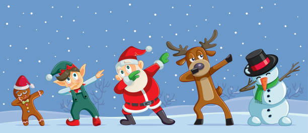 Dabbing Christmas Cartoon Characters Funny Banner Cool Santa dancing with his friends outdoors elf stock illustrations