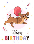 Dachshund dog flying on a balloon, birthday card illustration