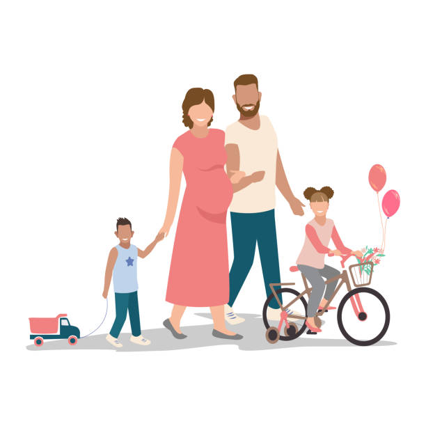 stockillustraties, clipart, cartoons en iconen met papa en mama lopen met de kinderen - pregnant couple outside