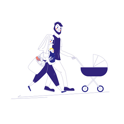 Dad and mom with a baby in a stroller and a baby in a sling. Vector illustration of people characters in flat design. Blue monochrome line art illustration