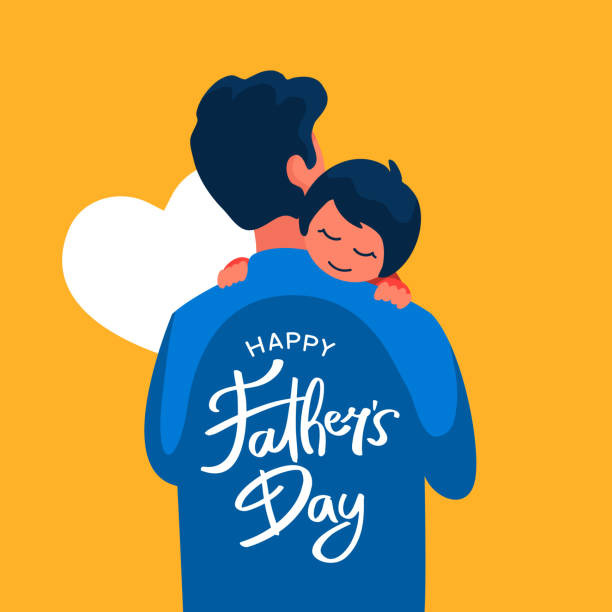 Dad holding his child vector flat illustration with hand lettering typography text on his back for Happy father's day poster background template design Dad holding his child vector flat illustration with hand lettering typography text on his back for Happy father's day poster background template design fathers day stock illustrations
