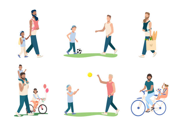Dad with child set Set of happy young dad with children. Happiness of fatherhood, father's day, happy childhood. Dad and the child play ball, go to the store, walk and ride a bike. Vector illustrations. fathers day stock illustrations