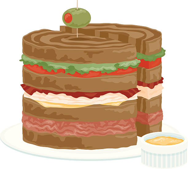 Dagwood Sandwich A dagwood style sandwich, loaded with a bit of everything: lettuce, tomato, cheese, turkey, corned beef and topped with an olive. Served with a side of mustard. No gradients were used when creating this illustration. corned beef stock illustrations