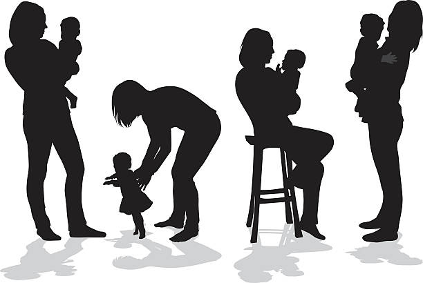 Daily Care Mom And Baby A vector silhouette illustration of a mother with her young daughter in several positions including two holding her in her arms, teaching her to walk, and holding her while sitting on a stool. mother silhouettes stock illustrations